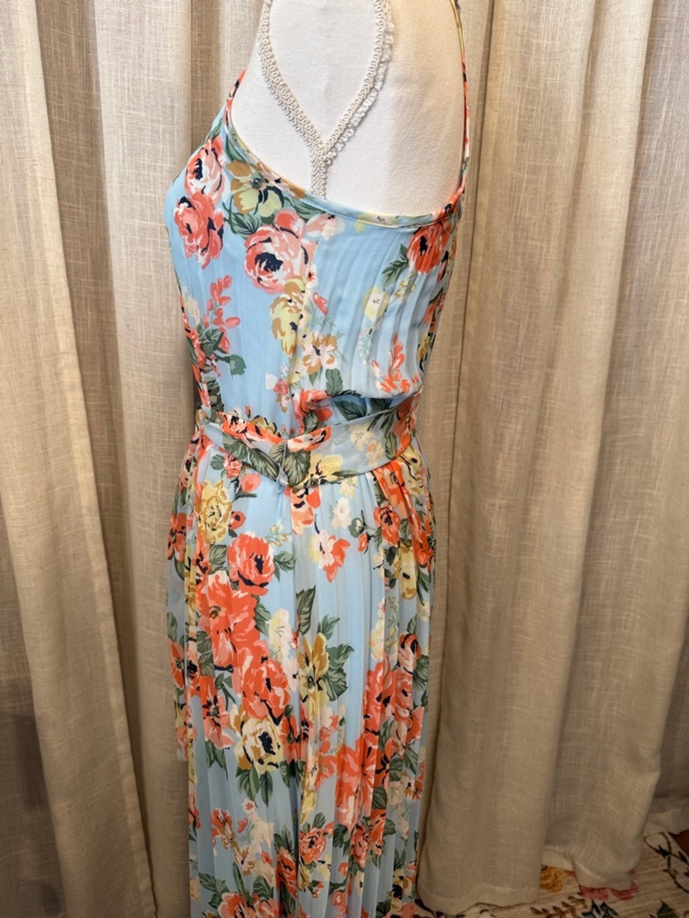 B Darlin Light Blue Floral Halter Maxi Dress with Coral & Yellow Blooms - Picture 8 of 13